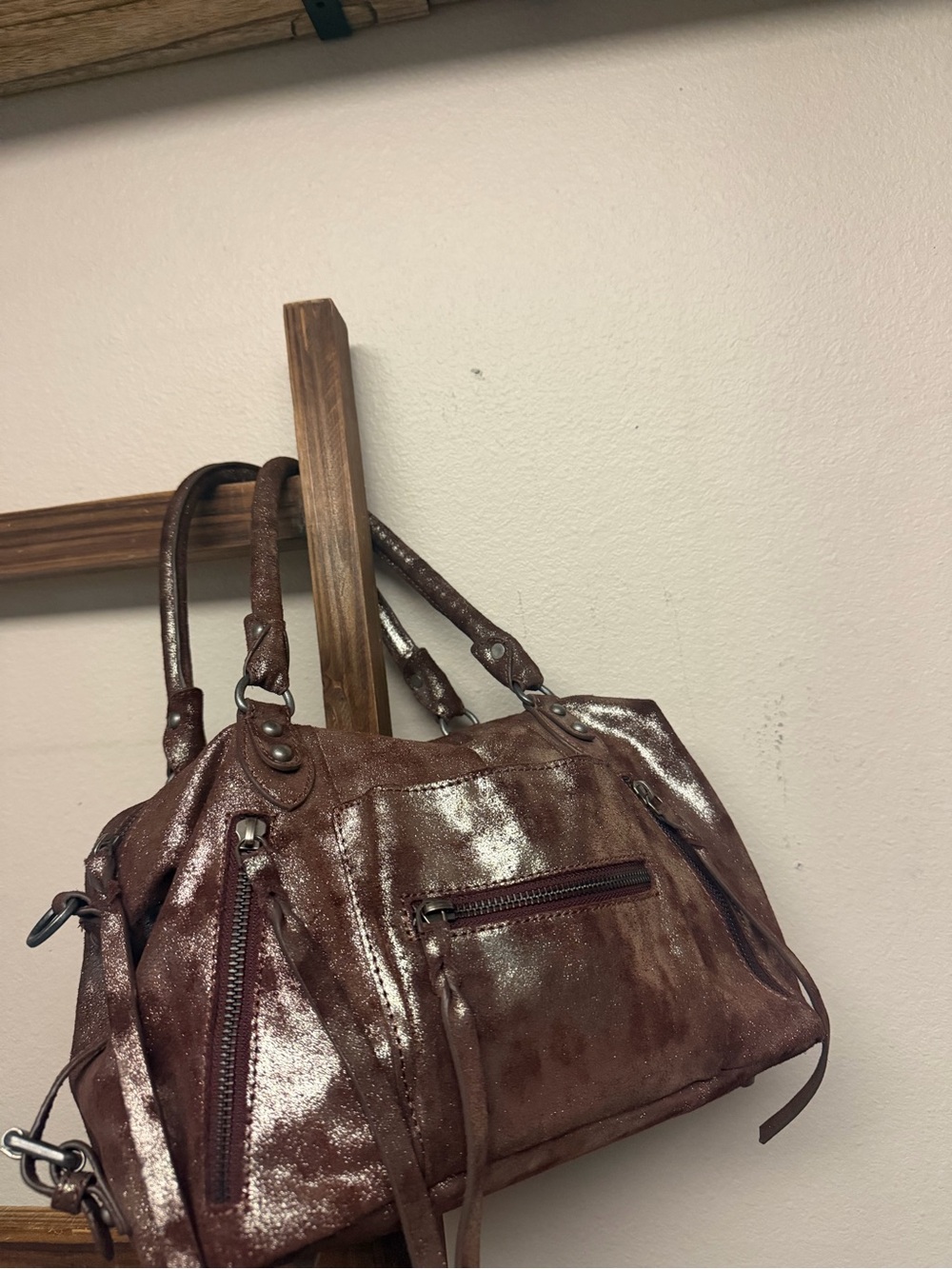 Free People Shiny Brown Leather Crossbody Tote